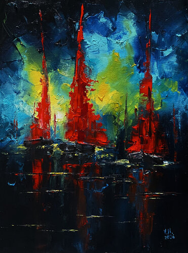 Yachts at sunset di Volodymyr (Vladimir) Nezdiimynoha (Nezdiymynoga), Pittura in vendita su Singulart