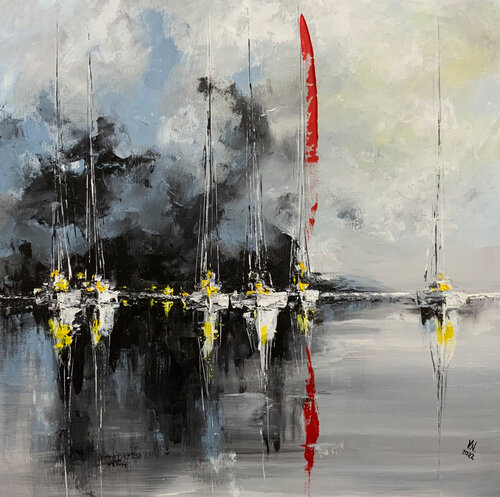 White sailboats par Volodymyr (Vladimir) Nezdiimynoha (Nezdiymynoga), Peinture en vente sur Singulart