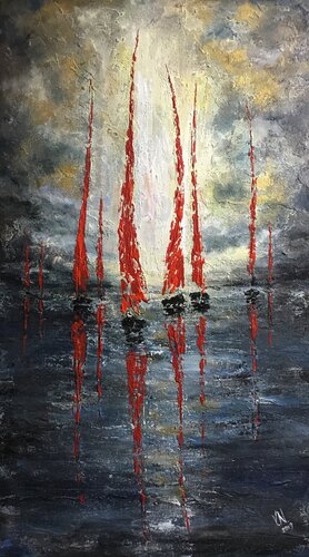Yachts at sunset I par Volodymyr (Vladimir) Nezdiimynoha (Nezdiymynoga), Peinture en vente sur Singulart
