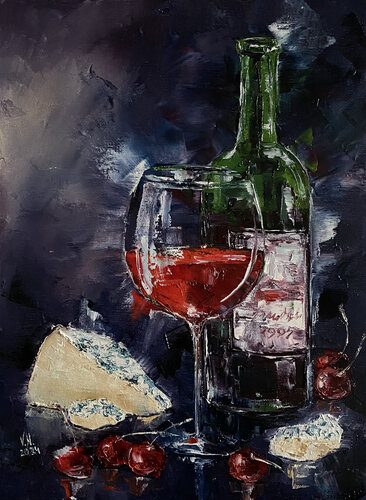 Wine and cheese von Volodymyr (Vladimir) Nezdiimynoha (Nezdiymynoga), Malerei kaufen auf Singulart
