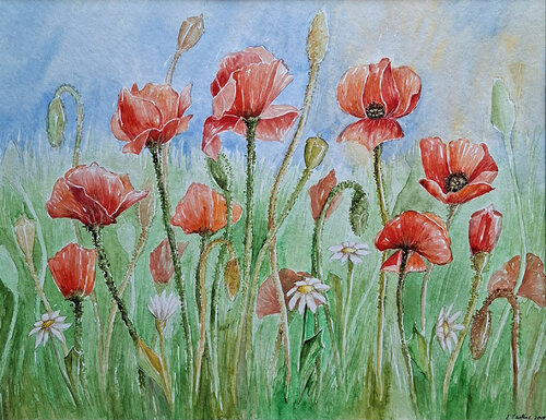 Wiese Mit Mohn par Ewa Martens, Peinture en vente sur Singulart