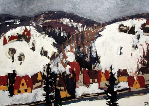 Houses In The Mountains par Weronika Raczynska, Peinture en vente sur Singulart