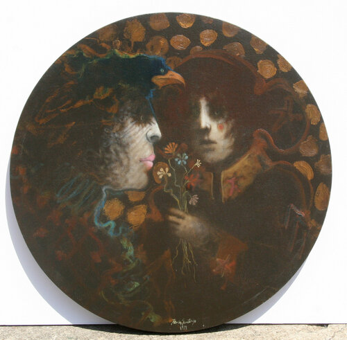 Couple with Bird and Bouquet di Ramon Santiago, Pittura in vendita su Singulart