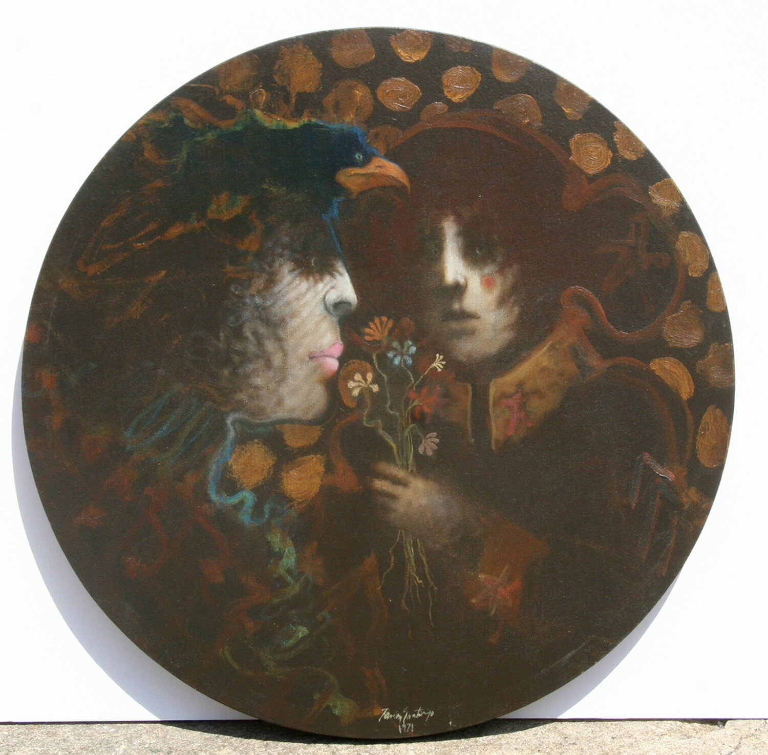 Couple with Bird and Bouquet Ramon Santiago Originalgemälde zu verkaufen