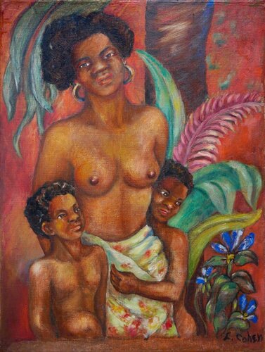 Warm-Toned Abstract Figurative Black Art Portrait of a Mother with Children by Unknown Artist, 油畫 for Sale on Singulart