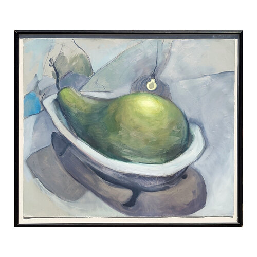 Contemporary Abstract Surrealist Painting of a Green Pear in a Bathtub van Unknown Artist, Schilderij te koop op Singulart