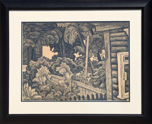 Modern Black and White Abstract Tropical Village Landscape Woodcut Print van Unknown Artist, Schilderij te koop op Singulart