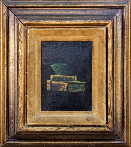 Early Realistic Still Life Painting of Stack of Books Against a Black Background van Unknown Artist, Schilderij te koop op Singulart