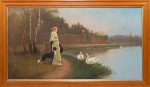 Lady in front of a Lake with Swans van Unknown Artist, Schilderij te koop op Singulart