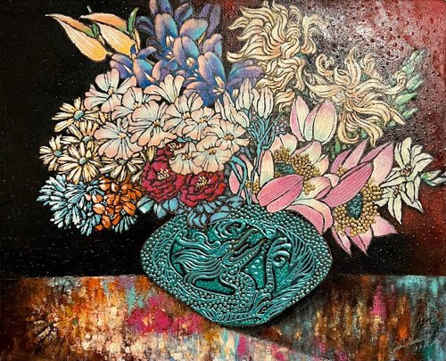 Chinese Large Modernist Color Painting Asian Dragon Vase, Flowers Textured Paint van Unknown Artist, Schilderij te koop op Singulart