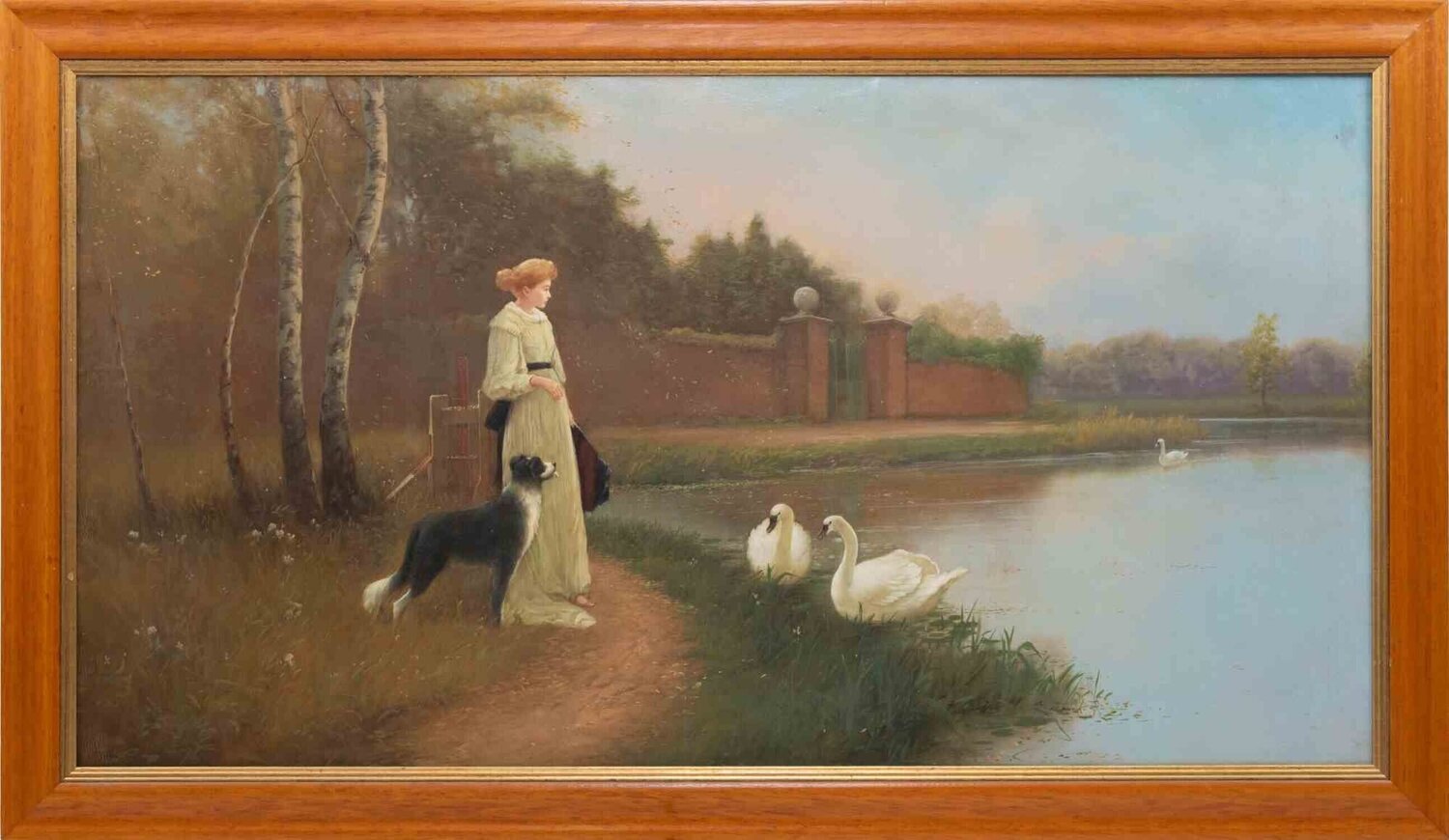 Lady in front of a Lake with Swans Unknown Artist Originalgemälde zu verkaufen