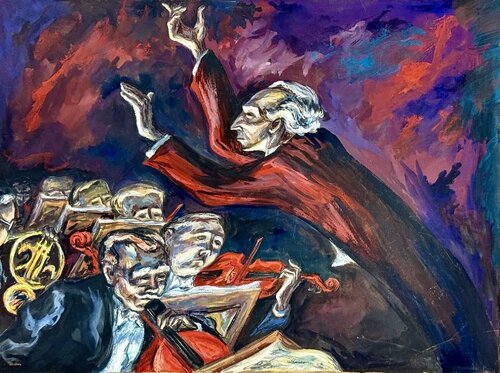 "Conductor" WPA American Scene. Social Realism. Mid 20th Century. Modern. Music. von Mervin Jules, Malerei kaufen auf Singulart