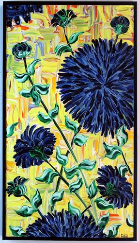 Navy Blue Dahlias with Yellowish Sky (medium) di Gregory Horndeski, Pittura in vendita su Singulart