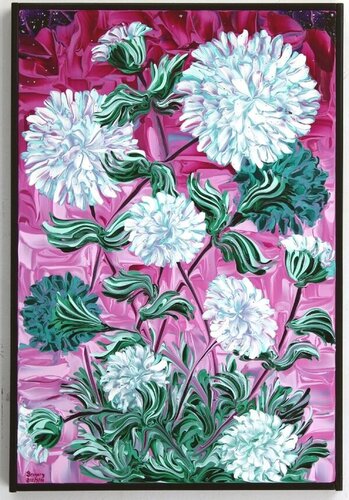 White Dahlias with Magenta Sky van Gregory Horndeski, Schilderij te koop op Singulart
