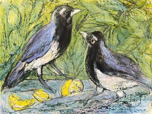 Birds Life with Lemons de Marcie Wolf Hubbard, Pintura a la venta en Singulart