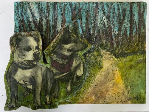 Dog Friends in Rock Creek Park von Marcie Wolf Hubbard, Malerei kaufen auf Singulart