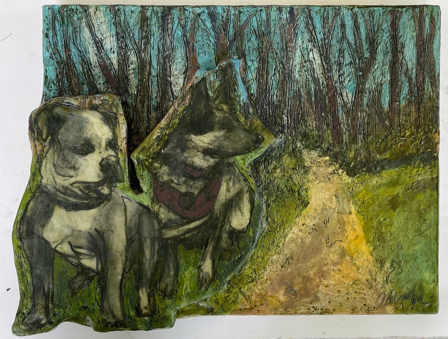 Dog Friends in Rock Creek Park Marcie Wolf Hubbard Originalgemälde zu verkaufen