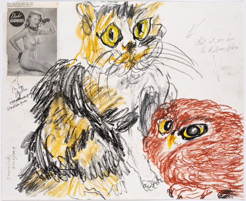 Chat Et Son Ami Le Hibou Bebe Avec Pinup Etudes Academie Francais by Simone Gad, 紙の作品 for Sale on Singulart