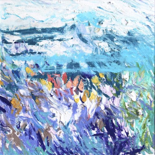 Wild flowers on the water‘s edge in oil van Emily Sweetman, Werk op papier te koop op Singulart