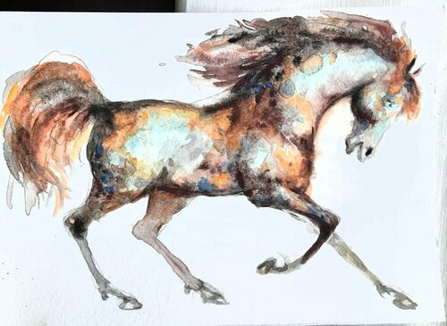 Horse running. Black white blue par Daniela Vasileva, Œuvre sur papier en vente sur Singulart