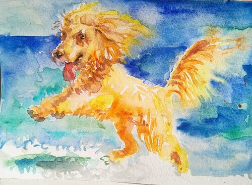 Summer vacation, dog playing on the beach par Daniela Vasileva, Peinture en vente sur Singulart