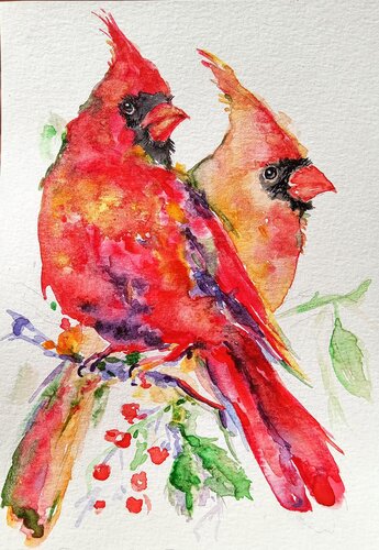 Red Christmas cardinals di Daniela Vasileva, Pittura in vendita su Singulart