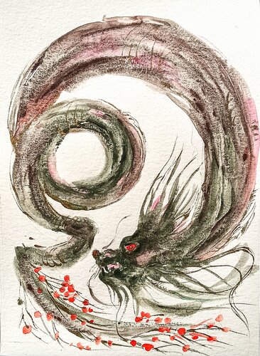 Dragon in cherry flowers di Daniela Vasileva, Pittura in vendita su Singulart