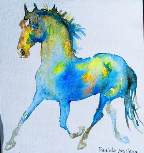 Blue horse running par Daniela Vasileva, Œuvre sur papier en vente sur Singulart