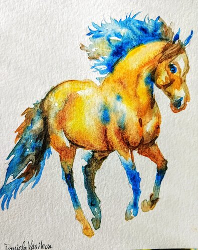 Blue golden horse running di Daniela Vasileva, Opera su carta in vendita su Singulart