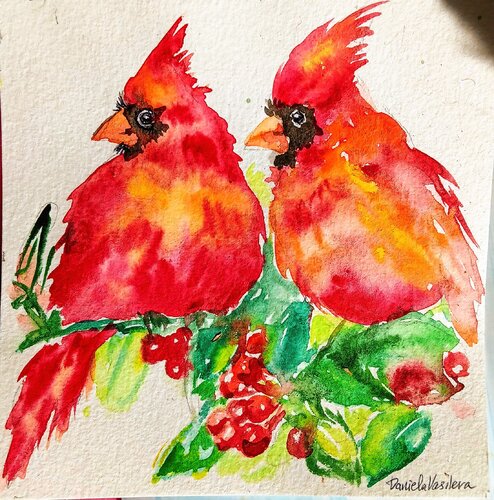 Red Christmas cardinals di Daniela Vasileva, Pittura in vendita su Singulart