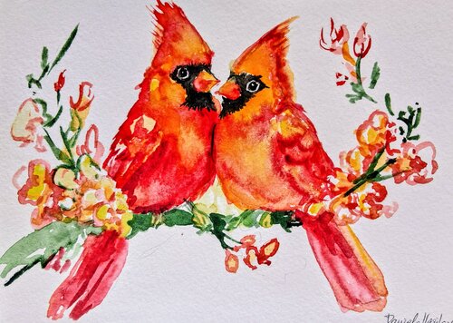 Blossoms and crimson cardinals by Daniela Vasileva, Painting for Sale on Singulart