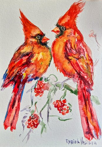 Twin crimson cardinals on blooming boughs by Daniela Vasileva, Painting for Sale on Singulart