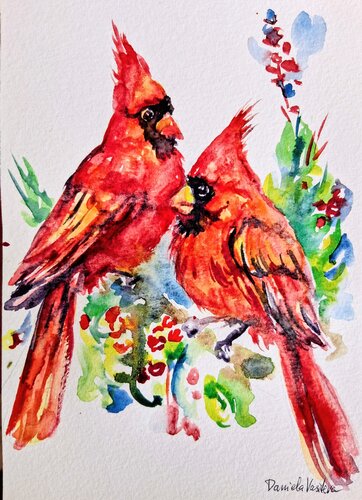 Two red cardinals on blooming branch by Daniela Vasileva, Painting for Sale on Singulart