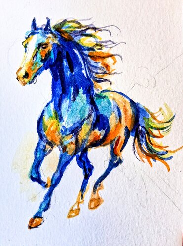 Blue Horse running par Daniela Vasileva, Œuvre sur papier en vente sur Singulart