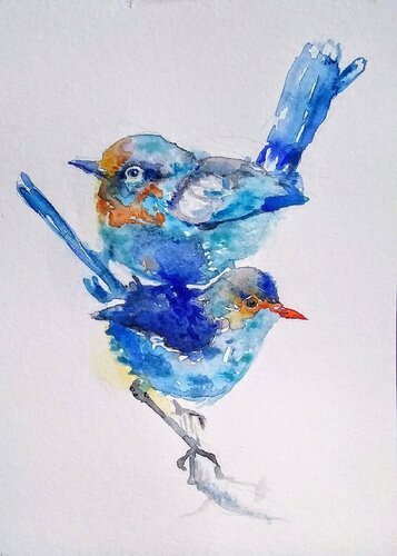 Nature inspired Colorful blue birds di Daniela Vasileva, Opera su carta in vendita su Singulart