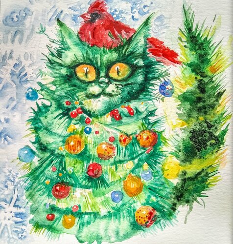 Happy Christmas cat by Daniela Vasileva, Work on Paper for Sale on Singulart