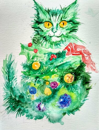 Green Christmas cat by Daniela Vasileva, Work on Paper for Sale on Singulart
