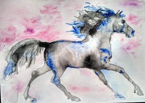 Black Horse running. Black , blue, pink di Daniela Vasileva, Opera su carta in vendita su Singulart