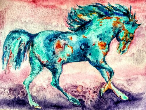 Burnt orange purple turquoise Horse di Daniela Vasileva, Opera su carta in vendita su Singulart