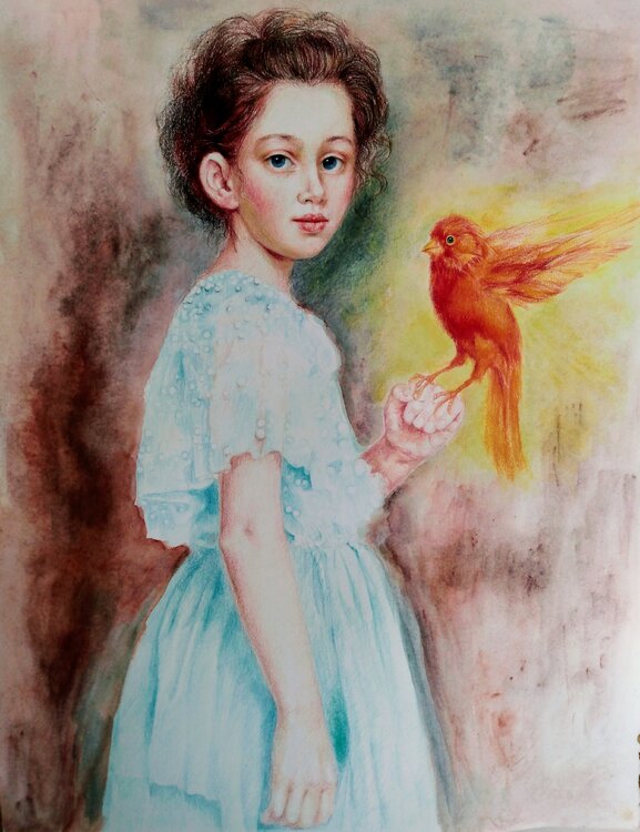 Girl with red bird perched on her hand Daniela Vasileva