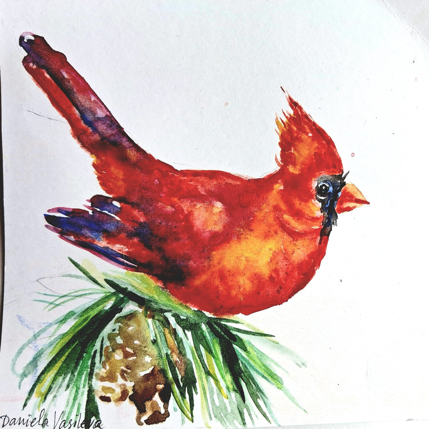 Christmas red cardinal Daniela Vasileva Peinture originale à vendre