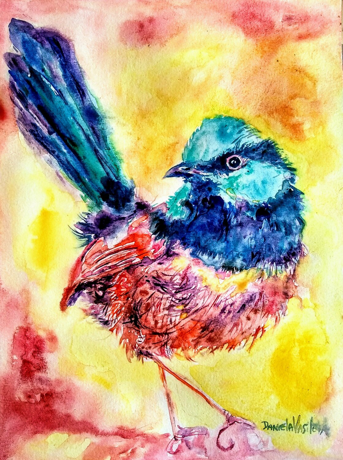 Blue purple colorful bird with very pink legs Daniela Vasileva Werk auf Papier zu verkaufen