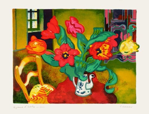 Tulipes sur le guéridon von Guy Charon, Druck kaufen auf Singulart