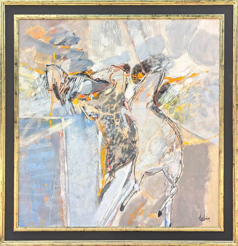 "Cavalerie Viennoise" Modern Blue Tone Abstract Expressionist Painting of Horses van Joël Dabin, Schilderij te koop op Singulart