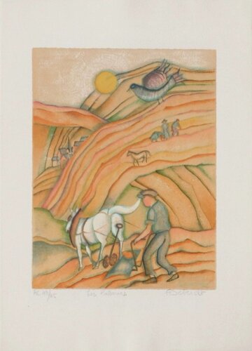 Aux champs - le labour by Françoise Deberdt, Print for Sale on Singulart