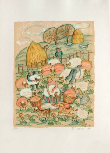 Aux champs - la tonte des moutons by Françoise Deberdt, Print for Sale on Singulart