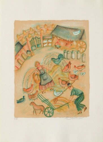 Aux champs - cour de ferme by Françoise Deberdt, Print for Sale on Singulart