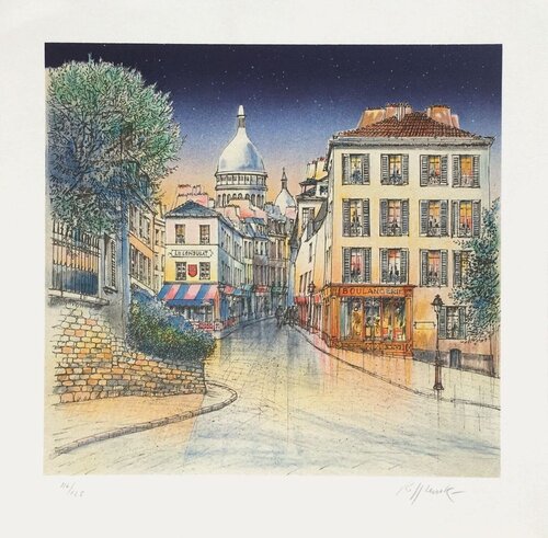 Paris - Montmartre rue Saint rustique effet de nuit van Rolf Rafflewski, Afdruk te koop op Singulart