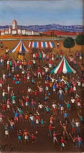 French Surrealist Circus Tents Scene, Children with Balloons Oil Painting van Jean-Pierre Serrier, Schilderij te koop op Singulart