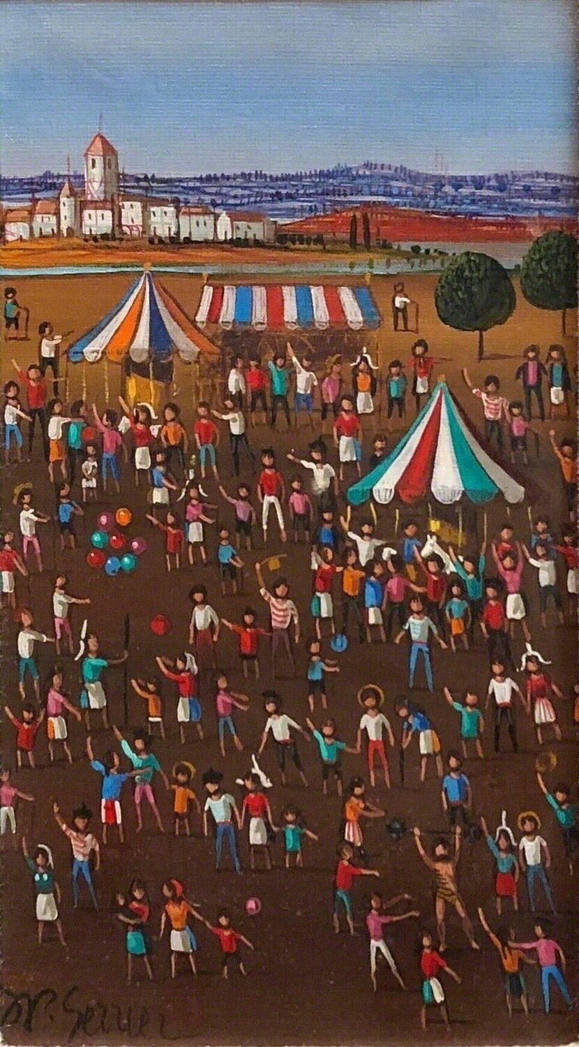 French Surrealist Circus Tents Scene, Children with Balloons Oil Painting Jean-Pierre Serrier